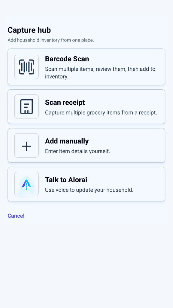 Alorai Capture hub showing Barcode Scan, Scan receipt, Add manually, and Talk to Alorai actions.